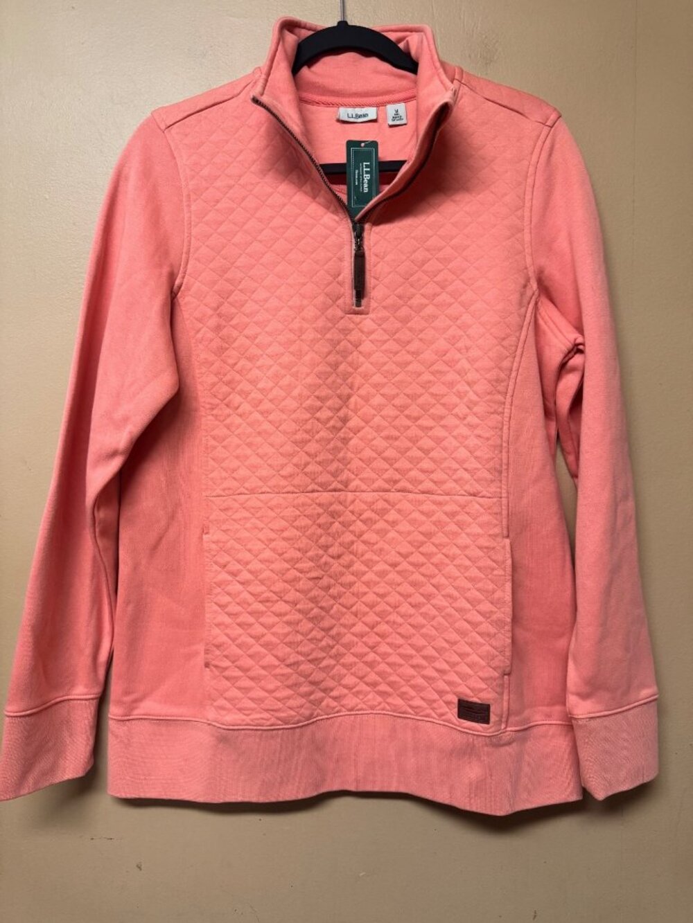 L.L.Bean Quilted M Tall Quarter Zip Pullover Sweatshirt Coral NWT 512747